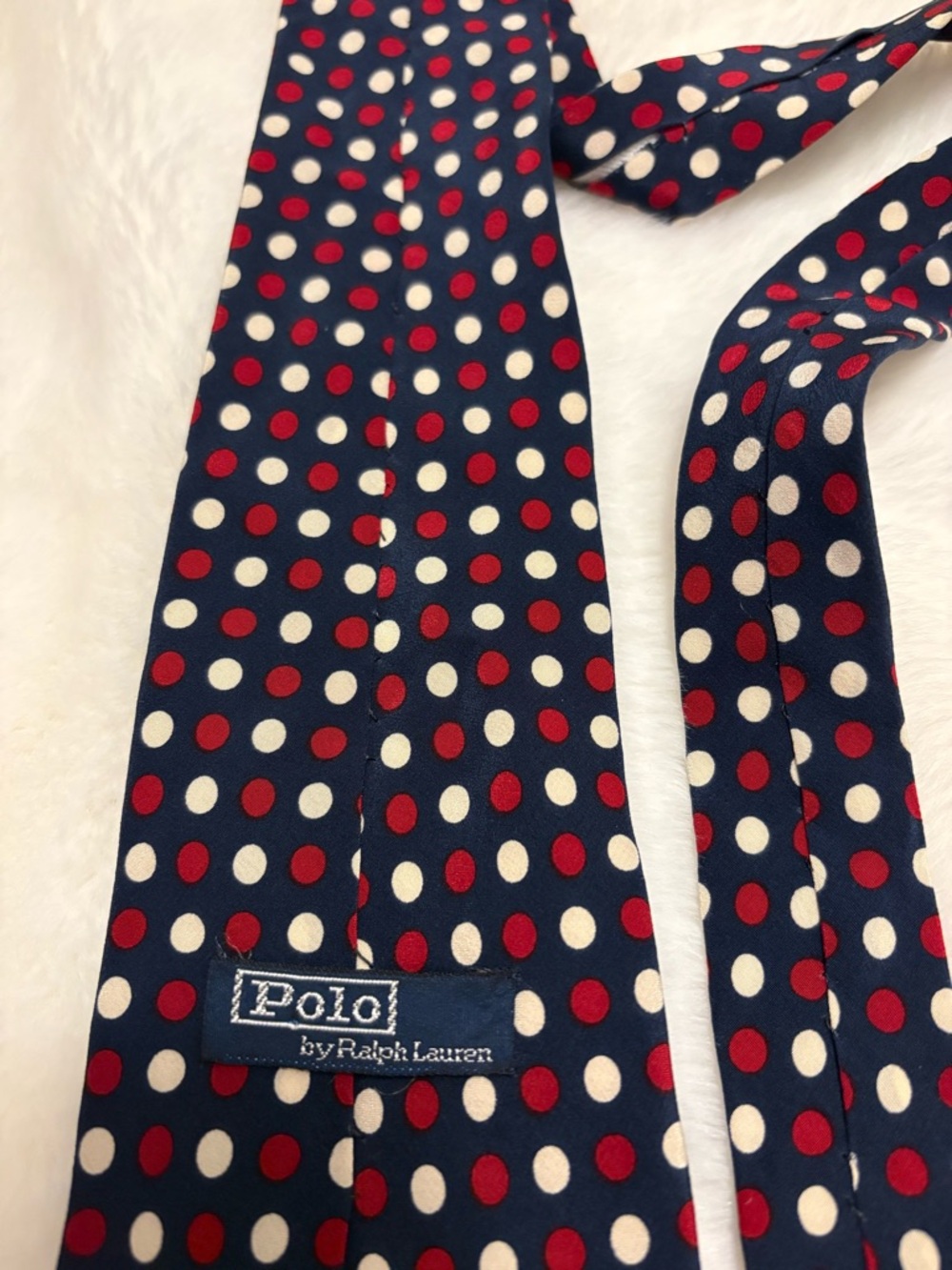 Polo by Ralph Lauren Navy Tie with Red and White Polka Dots Silk Made in Germany